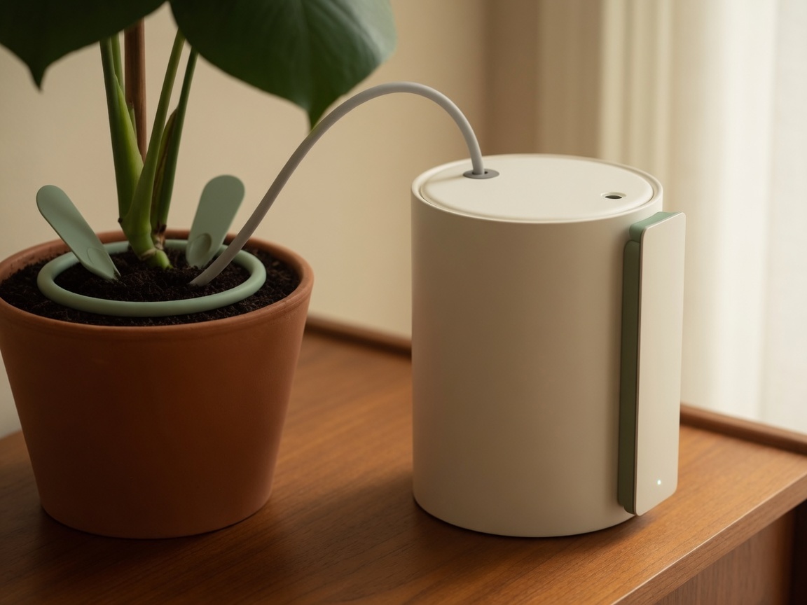 Arrosée watering unit next to a monstera on a wooden sideboard