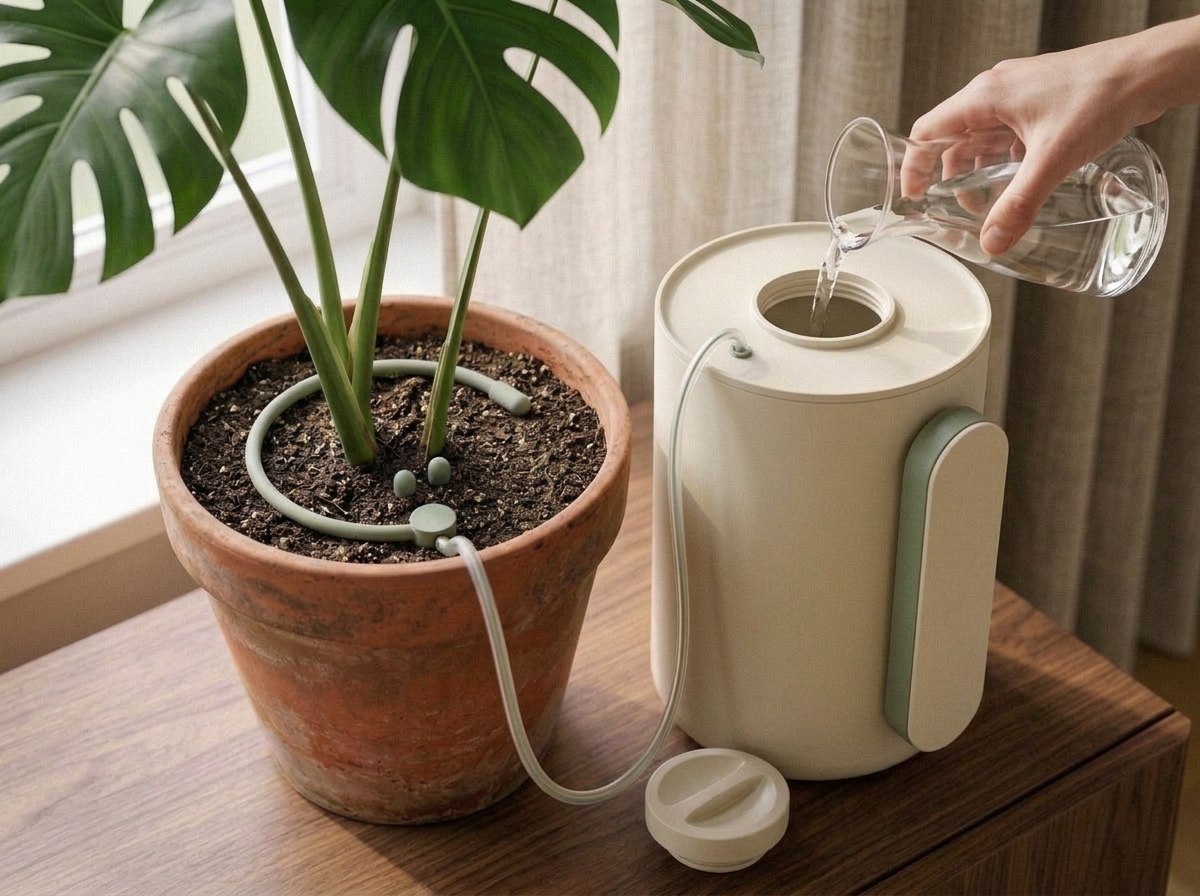 Refilling the tank: screw cap set aside, water poured in from a glass carafe