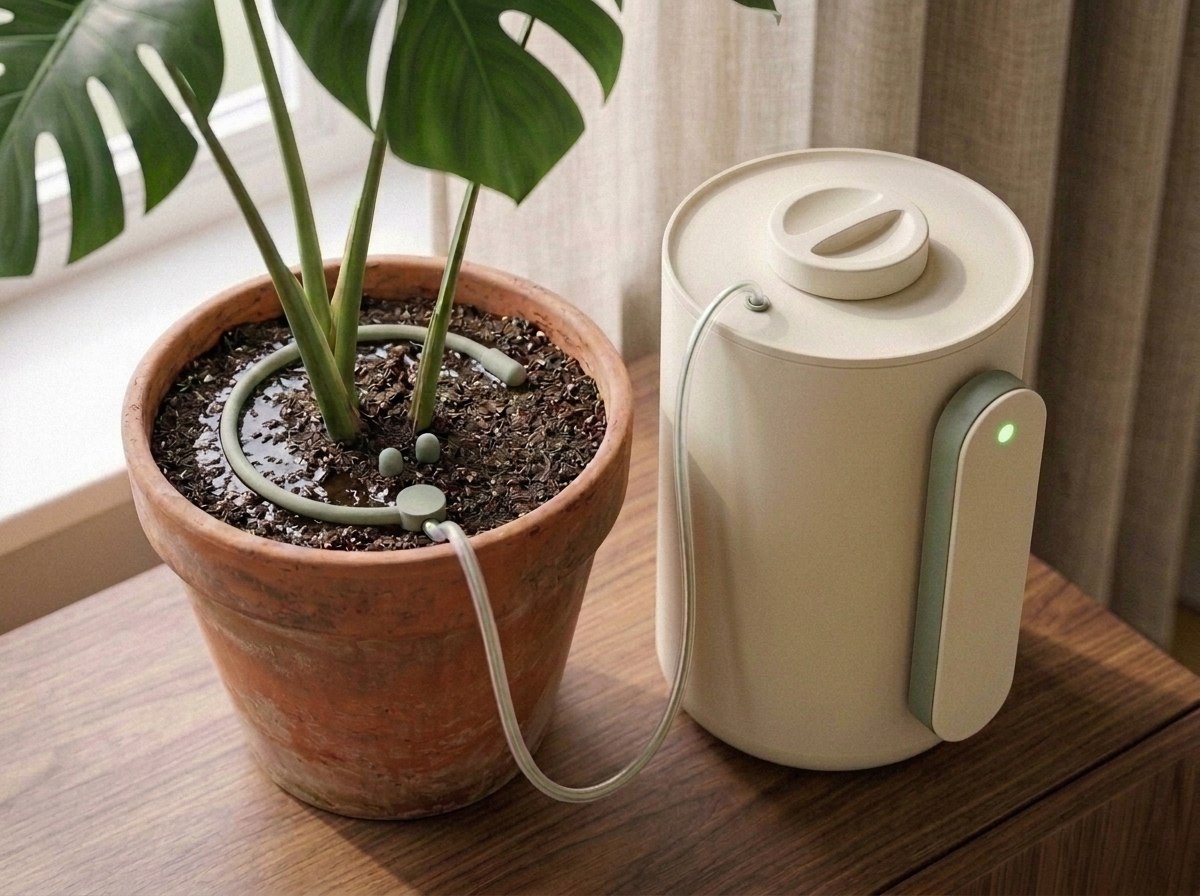The unit watering: soil inside the ring is freshly wet, status light glowing green